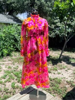 Vintage 1960s Handmade Psychedelic Floral Boho Maxi Dress